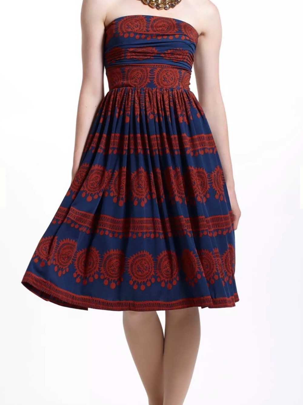 Anthropologie Strapless Navy and Rust Red Printed Midi Dress